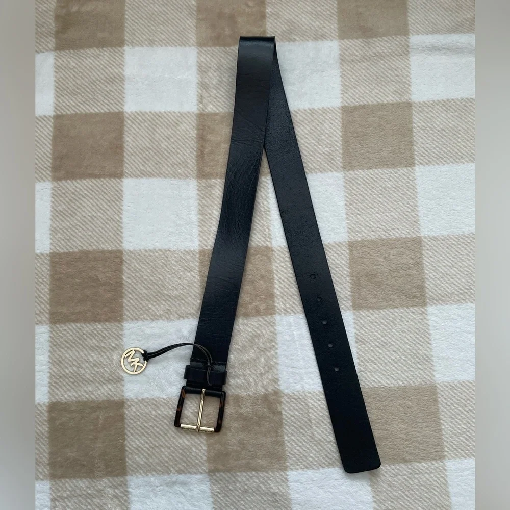 NWT Michael Kors Black Leather Belt with Brown, Black, and Gold Buckle and Charm